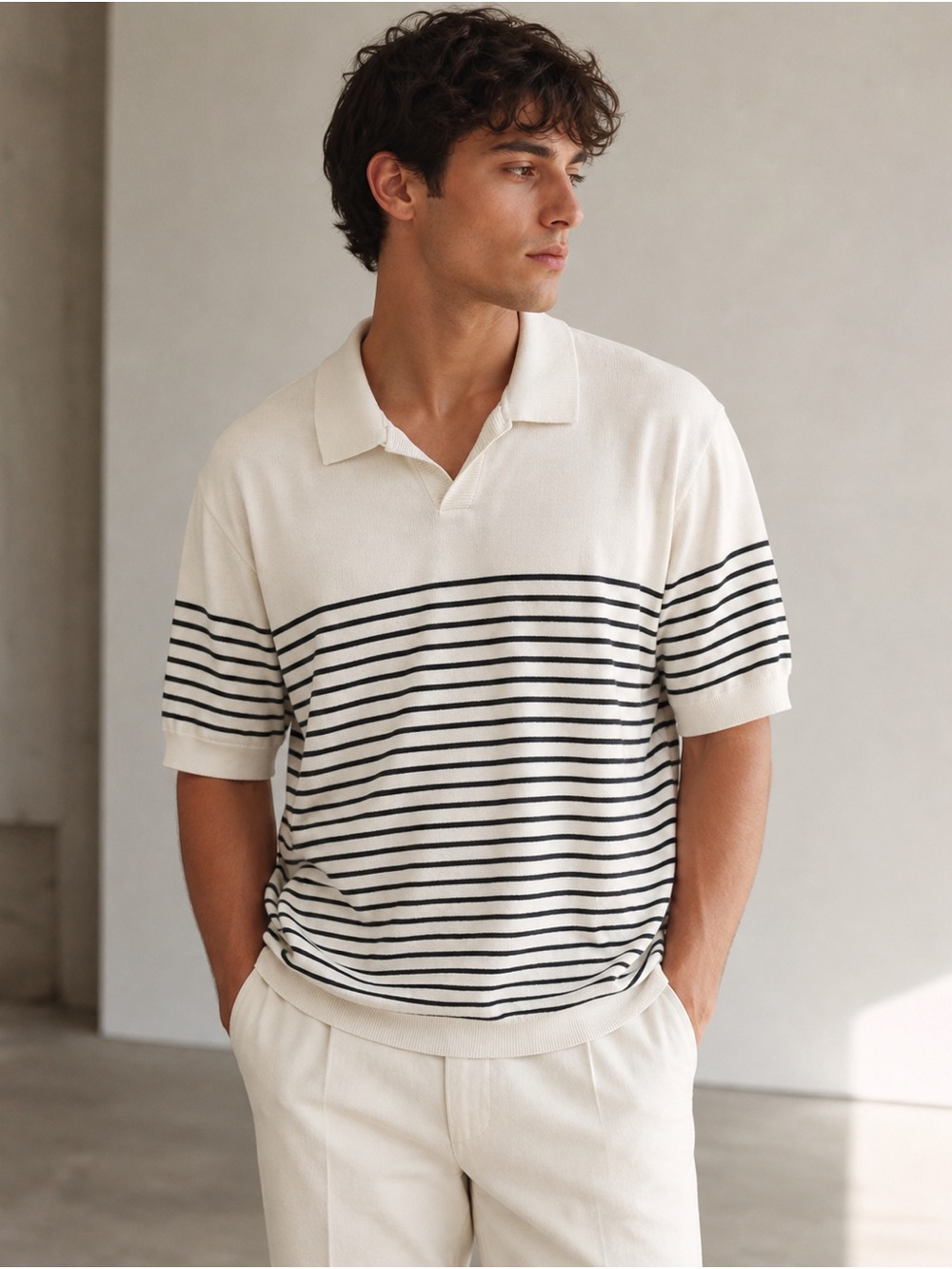 Frederik Anderson Copenhagen Striped Knit Polo Top Size L Short Sleeve